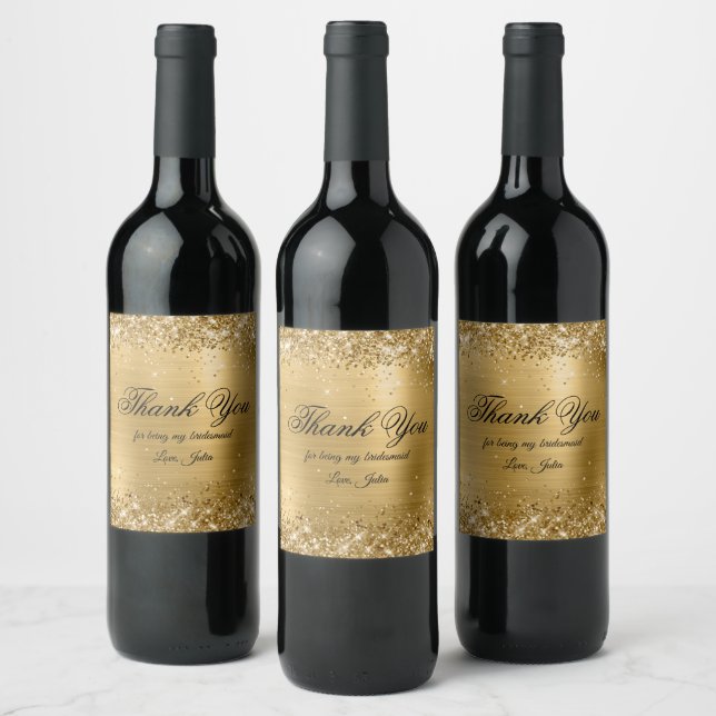 Faux Sparkly Golden Glitter Foil Thank You Wine Label (Bottles)