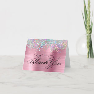 Faux Sparkly Holographic Glitter Pink Foil Letterpress Thank You Card