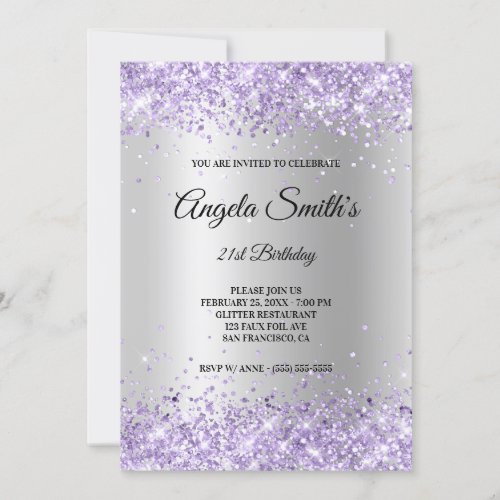 Faux Sparkly Lavender Glitter Silver Satin Foil Invitation