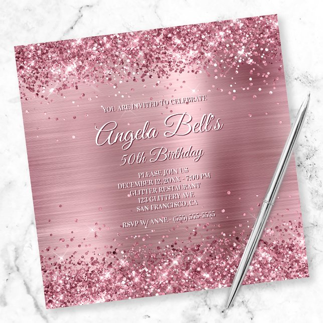 Faux Sparkly Pink Glitter and Brushed Foil Invitation (Creator Uploaded)