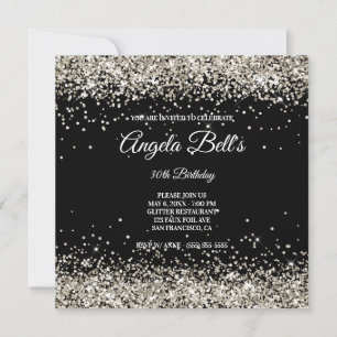 Faux Sparkly Platinum Glitter Black Invitation