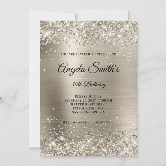 Faux Sparkly Platinum Glitter Foil 30th Birthday Invitation (Front)