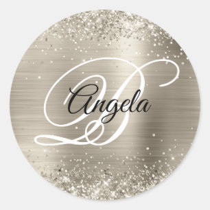 Faux Sparkly Platinum Glitter Foil Monogram Classic Round Sticker