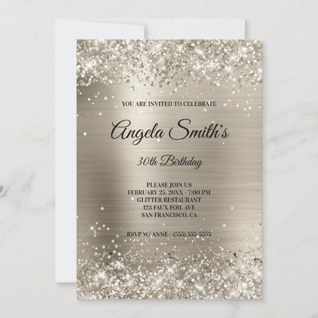 Faux Sparkly Platinum Glitter Foil Monogram Invitation (Front)