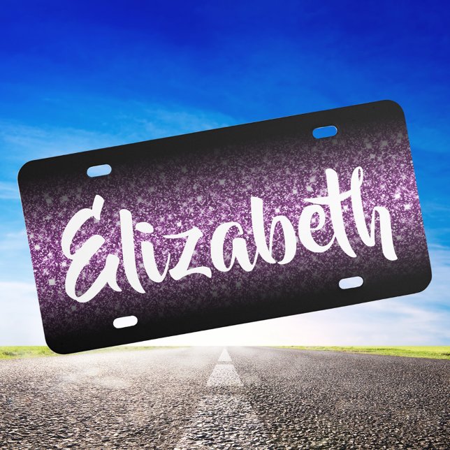 Faux Sparkly Purple Glitter Black Gradient License Plate (Personalized Purple Glitter Decorative License Plate)