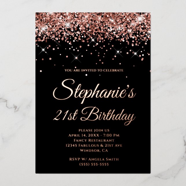 Faux Sparkly Rose Gold Glitter Black 21st Birthday Foil Invitation (Front)