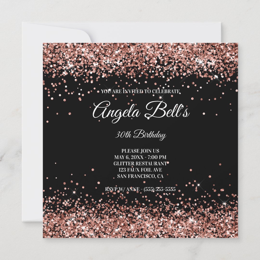 Faux Sparkly Rose Gold Glitter Black Invitation | Zazzle