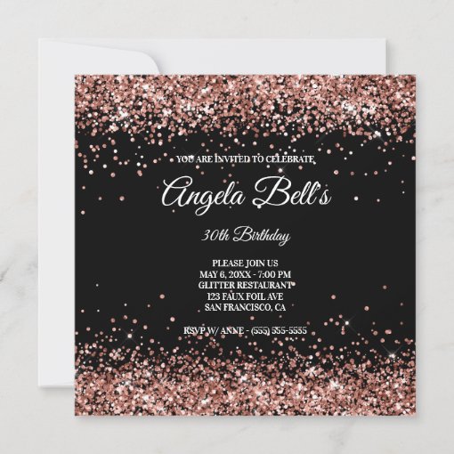 Faux Sparkly Rose Gold Glitter Black Invitation 