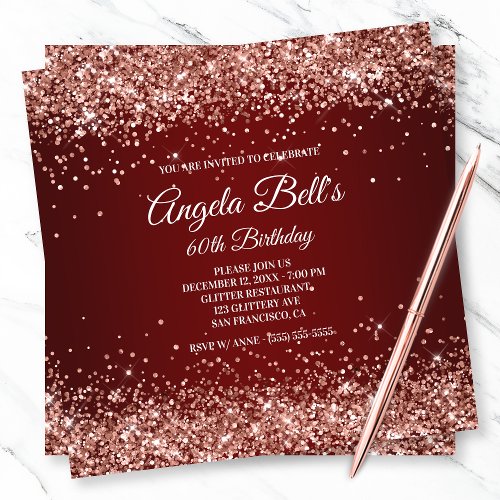 Faux Sparkly Rose Gold Glitter Burgundy Ombre Invitation