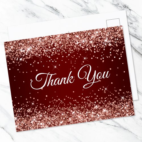 Faux Sparkly Rose Gold Glitter Burgundy Thank You Postcard