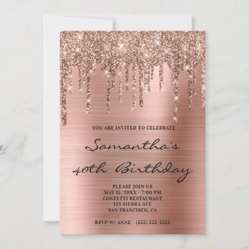 Faux Sparkly Rose Gold Glitter Drips Foil Birthday Invitation