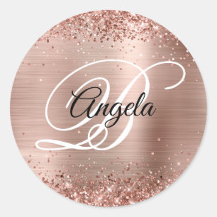 Faux Sparkly Rose Gold Glitter Foil Monogrammed Classic Round Sticker