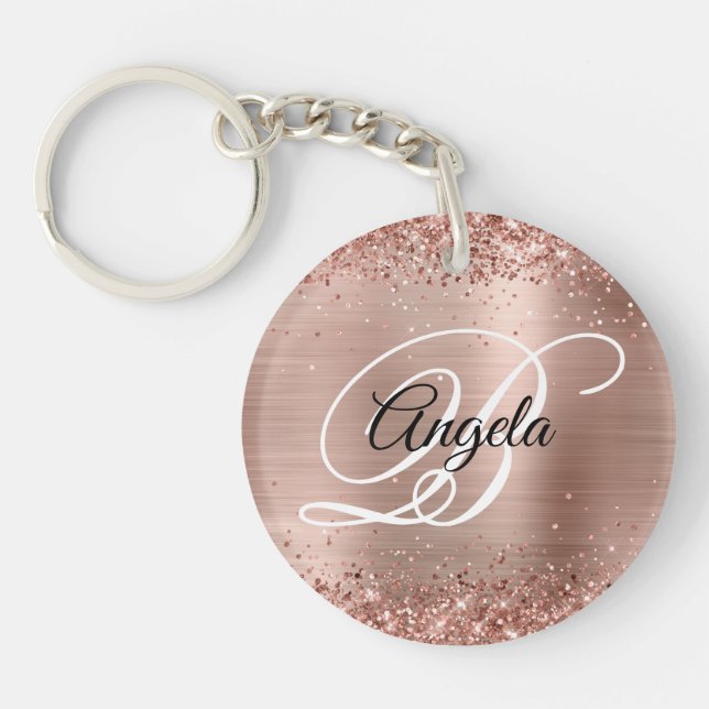 Faux Sparkly Rose Gold Glitter Foil Monogrammed Keychain (Front)