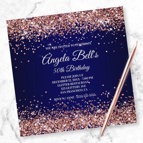 Faux Sparkly Rose Gold Glitter Monogram Navy Ombre Invitation
