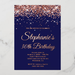 Faux Sparkly Rose Gold Glitter Navy 30th Birthday Foil Invitation