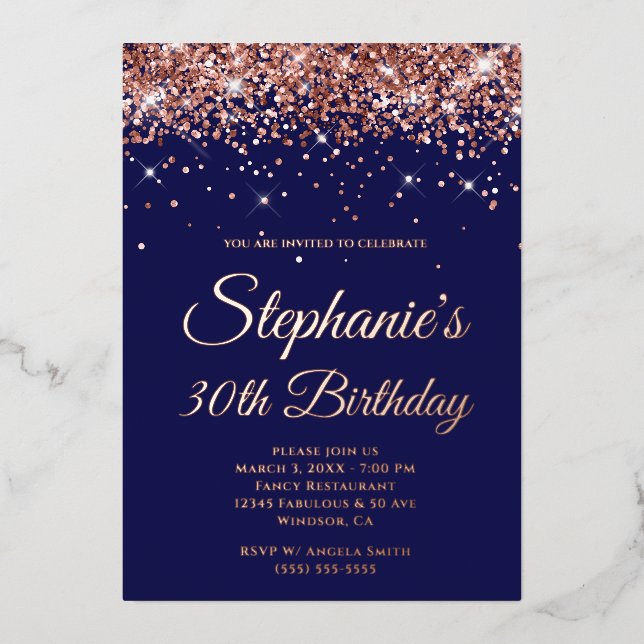 Faux Sparkly Rose Gold Glitter Navy 30th Birthday Foil Invitation (Front)