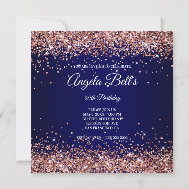 Faux Sparkly Rose Gold Glitter Navy Blue Invitation (Back)