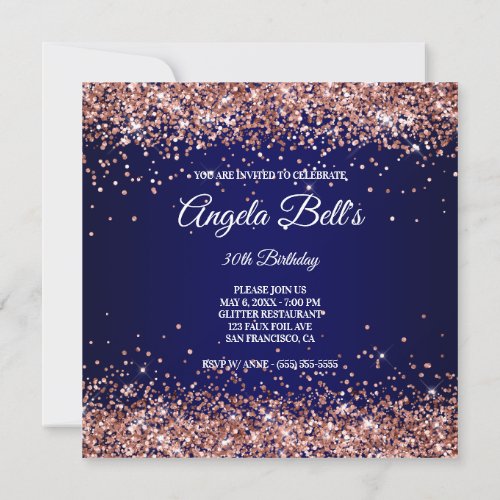 Faux Sparkly Rose Gold Glitter Navy Blue Invitation