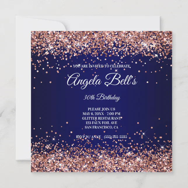 Faux Sparkly Rose Gold Glitter Navy Blue Invitation | Zazzle