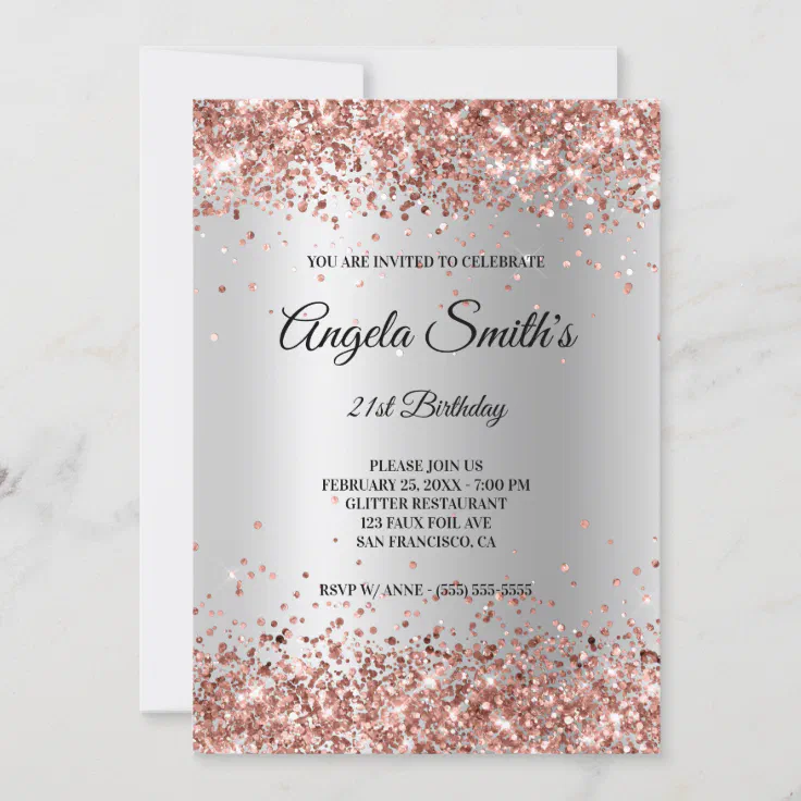 Faux Sparkly Rose Gold Glitter Silver Foil Invitation | Zazzle