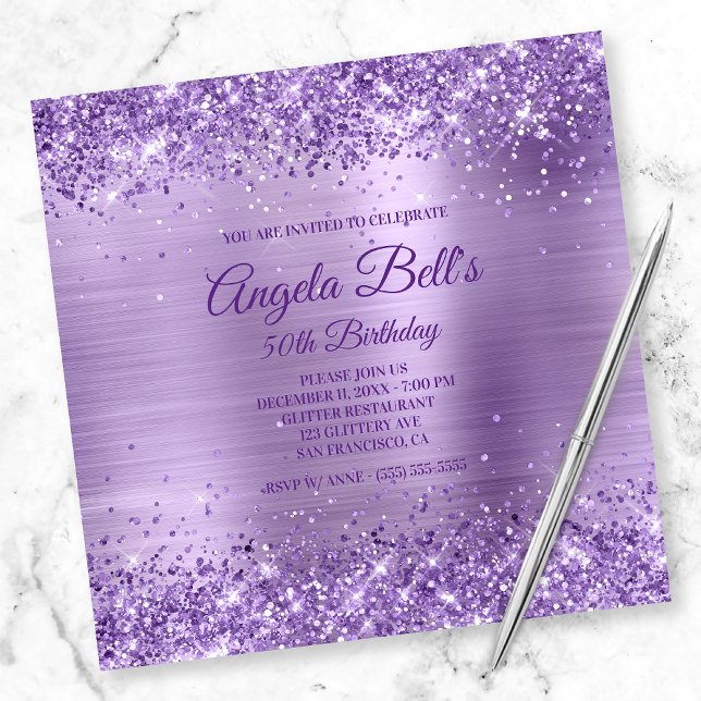 Faux Sparkly Royal Purple Glitter and Brushed Foil Invitation (Creator Uploaded)