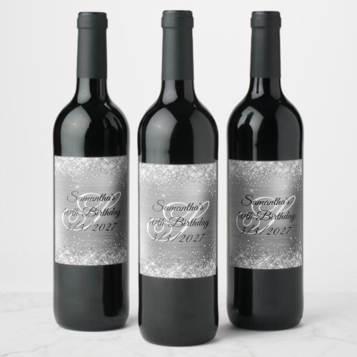 Faux Sparkly Silver Glitter and Foil 40th Birthday Wine Label