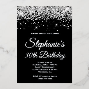 Faux Sparkly Silver Glitter Black 30th Birthday Foil Invitation