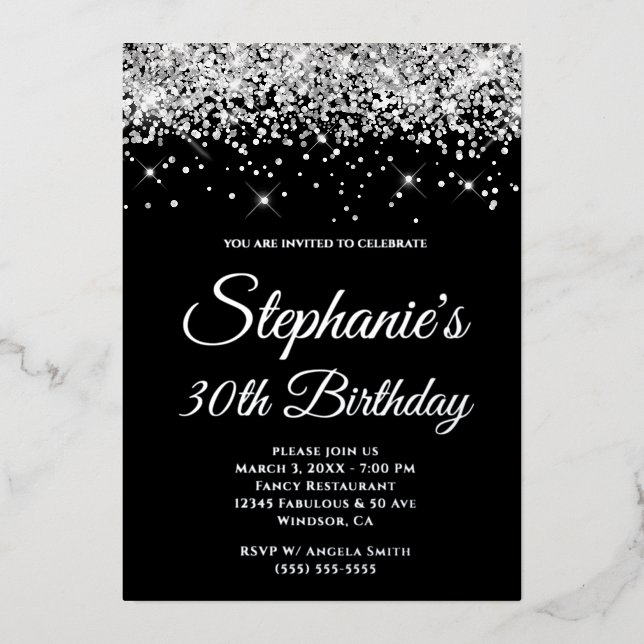 Faux Sparkly Silver Glitter Black 30th Birthday Foil Invitation (Front)