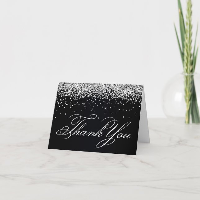 Faux Sparkly Silver Glitter Black Thank You Card (Front)