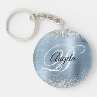 Faux Sparkly Silver Glitter Blue Foil Monogram Keychain
