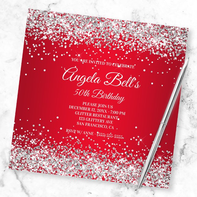 Faux Sparkly Silver Glitter Bright Red Ombre Invitation (Creator Uploaded)