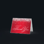 Faux Sparkly Silver Glitter Bright Red Thank You Card<br><div class="desc">A faux sparkly silver glitter band across the top of a bright Christmas holiday red gradient background.
You can change the color of the fancy old-fashioned lettering calligraphy "thank you" typography.
Create your own holiday wedding party thank you greeting cards.</div>