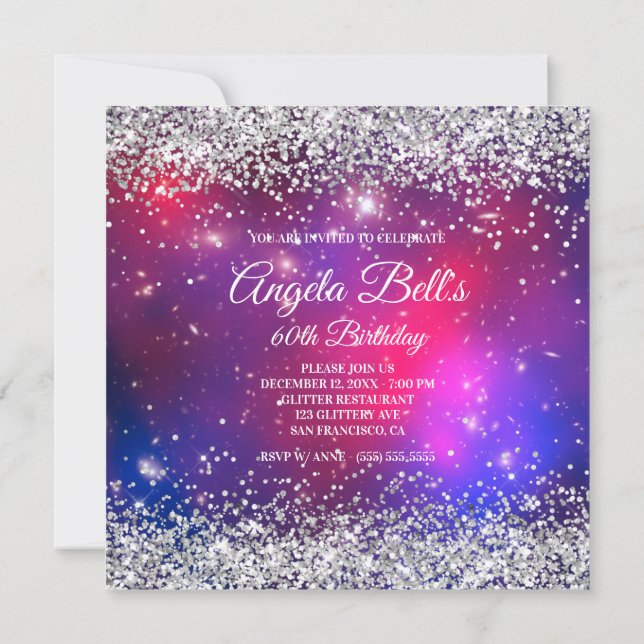 Faux Sparkly Silver Glitter Celestial Hot Pink Invitation (Back)