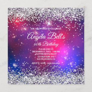 Faux Sparkly Silver Glitter Celestial Hot Pink Invitation