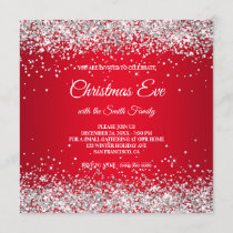 Faux Sparkly Silver Glitter Christmas Red Invitation