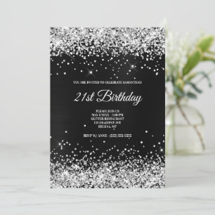 Faux Sparkly Silver Glitter Dark Grey Black Foil Invitation