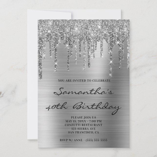 Faux Sparkly Silver Glitter Drips Foil Birthday Invitation (Front)