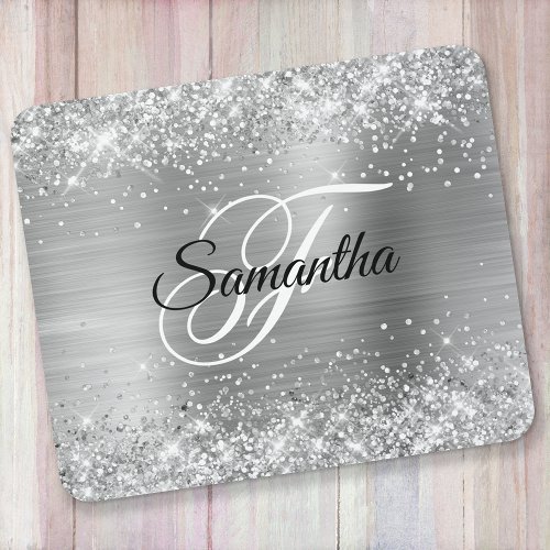 Faux Sparkly Silver Glitter Foil Monogram Mouse Pad