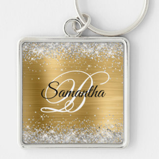 Faux Sparkly Silver Glitter Gold Foil Monogram Keychain