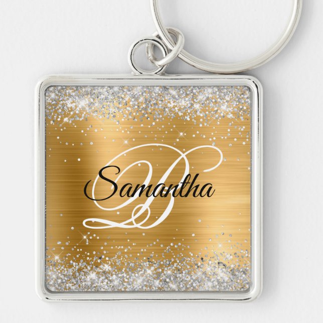 Faux Sparkly Silver Glitter Gold Foil Monogram Keychain (Front)