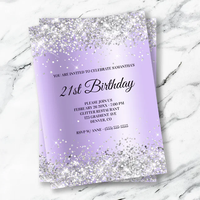 Faux Sparkly Silver Glitter Lavender Satin Foil Invitation | Zazzle