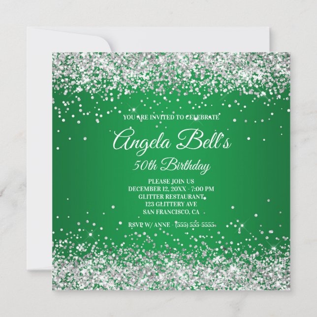 Faux Sparkly Silver Glitter Monogram Green Ombre Invitation (Back)