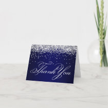 Faux Sparkly Silver Glitter Navy Blue Thank You Card