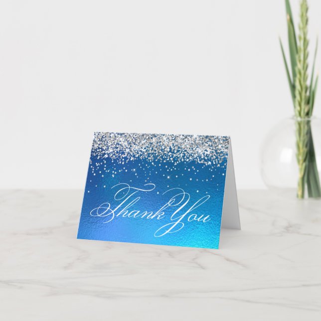 Faux Sparkly Silver Glitter Ocean Ombre Foil Thank You Card (Front)