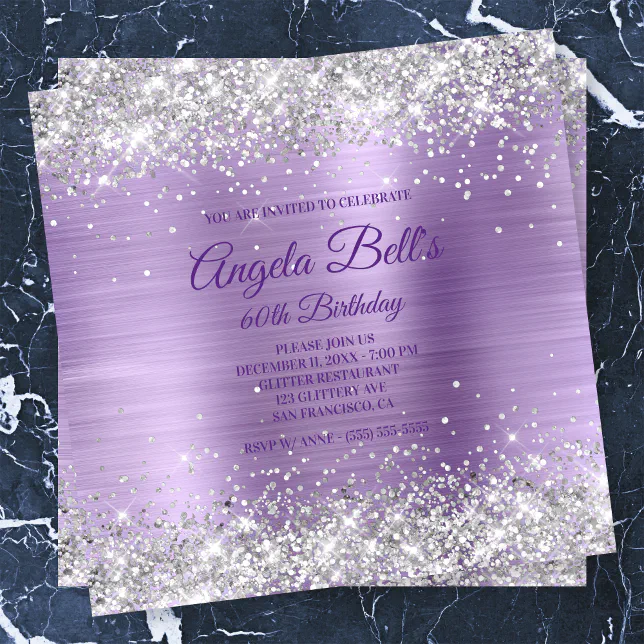 Faux Sparkly Silver Glitter Purple Brushed Foil Invitation Zazzle