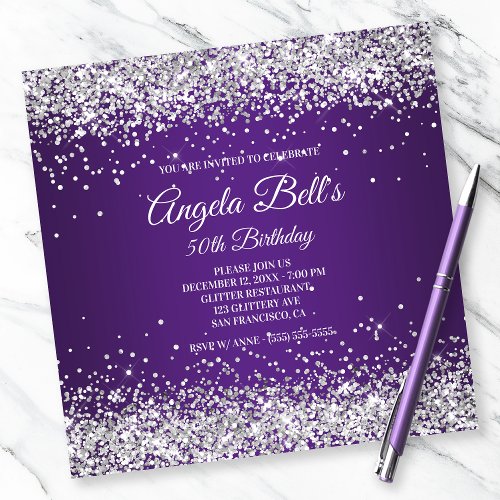 Faux Sparkly Silver Glitter Royal Purple Ombre Invitation