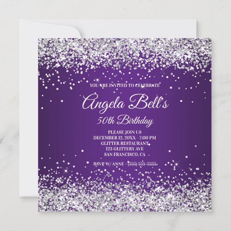 Faux Sparkly Silver Glitter Royal Purple Ombre Invitation | Zazzle