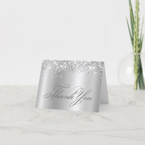 Faux Sparkly Silver Glitter Satin Ombre Foil Thank You Card