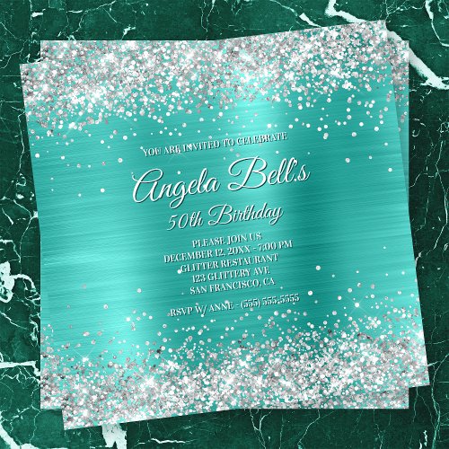 Faux Sparkly Silver Glitter Turquoise Foil Invitation