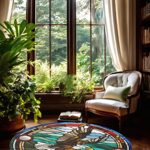 Faux Stained Glass Bald Eagle 5' Round Rug